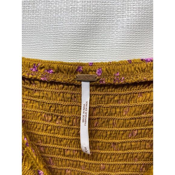 Free People Smocked Crop Top Sz S Ditsy Floral Boho Mustard Yellow Magenta - Picture 5 of 7